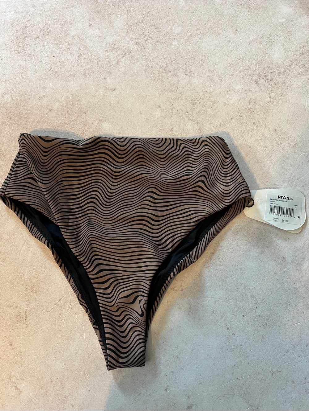 Prana Lahari High-Waist Bikini Bottoms in Taupe and Black Wave Print